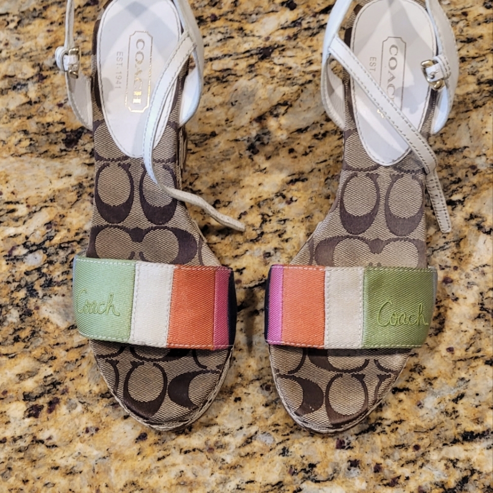 Authentic multi-colored Coach Signature wedge sandals